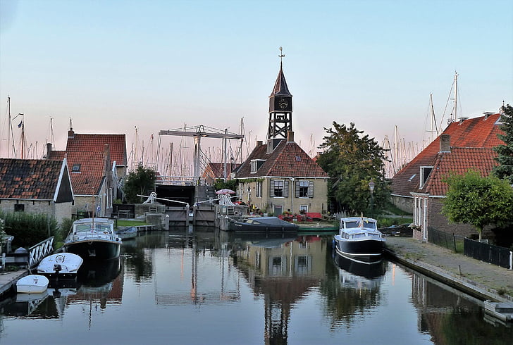 luka, brodovi, vez za brod, zalazak sunca, zgrada, turizam, Friesland