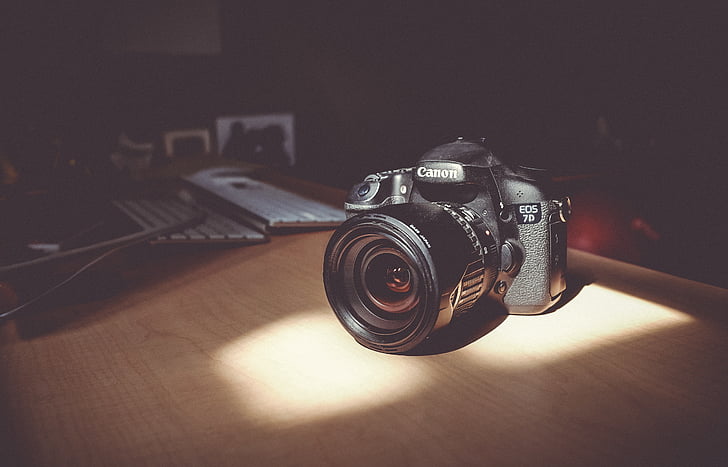 càmera, lent, accessori, fotografia, llum del sol, fusta, taula
