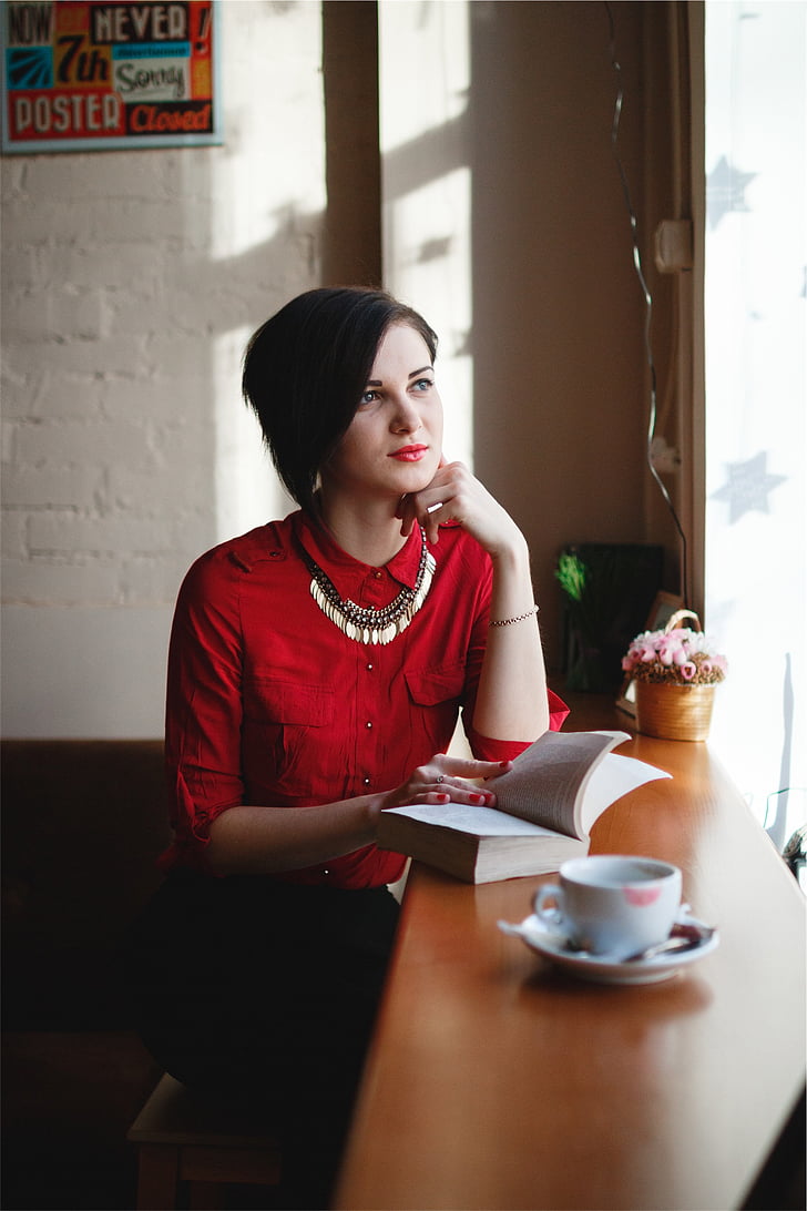 woman, wearing, red, long, sleeve, dress, book