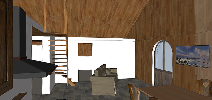 Woonkamer, hout, keuken, binnenlandse kamer, tabel, ontwerp, hout - materiaal
