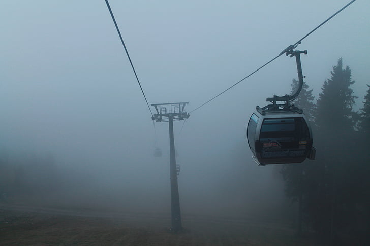 cableway, fog, mountains