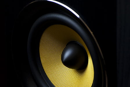 black, yellow, subwoofer, speaker, music, bass, sound