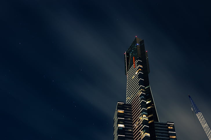 Architektura, budova, světla, moderní, noční, mrakodrap, věž