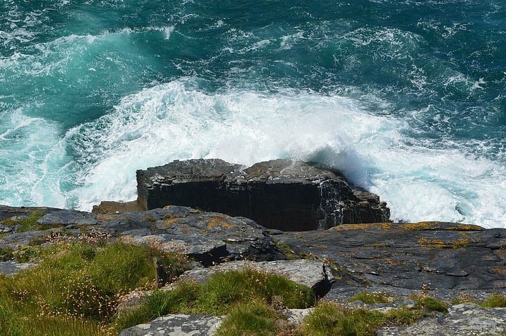Cornwall, sjøsiden, bølge, stranden, vann, kysten, blå