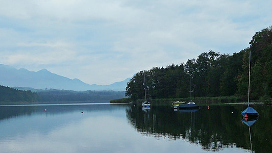 jezero, zjutraj, še vedno, tiho, ostalo, čolni, zrcaljenje