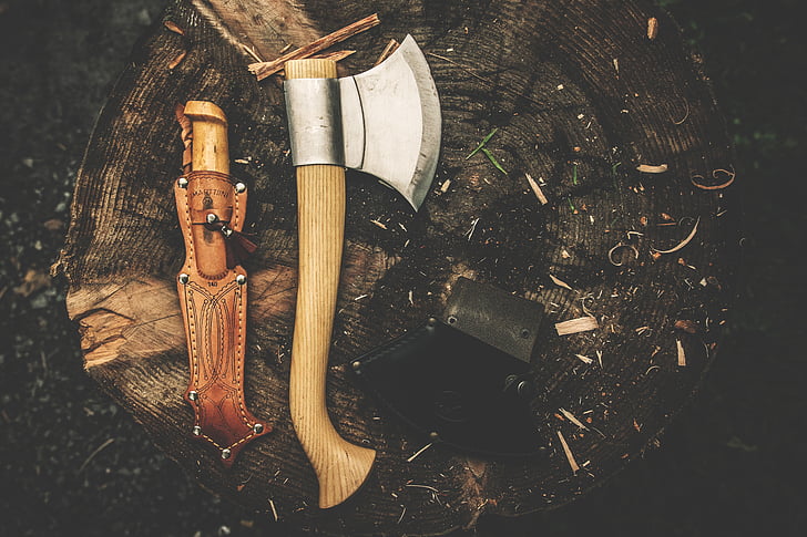 axe, campingmesser, knife, retro, log, weapons, no people
