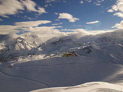 mountains, snow-capped peaks, alps, clouds, mountain landscape, skiing, slopes