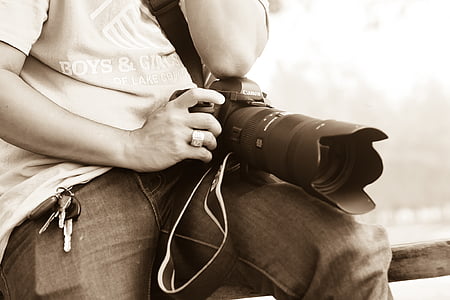 fotoaparát, Canon, DSLR, ruka, klíče, čočka, muž