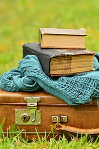 Bagage, lederen koffer, oude, boeken, nostalgie, lezen, gebruikt