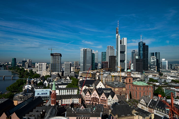 Frankfurt nad Mohanem, Hesse, Německo, Panorama, mrakodrap, Architektura, mrakodrapy