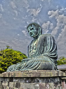 일본, 동상, 브론즈, 사원, 스카이, 부처님, 아시아
