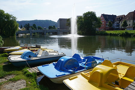 Boot, Donau, återhämtning, Tuttlingen, fontän, sommar, blå