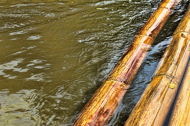 bambus, tømmerflåde, vand, floden, kørsel, svømme, våd