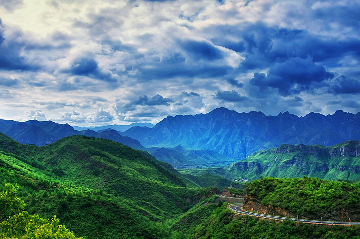 montanha, verde, céu azul, natureza, paisagem, Ásia, colina