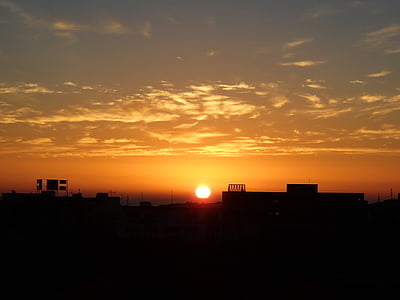 Dawn, slnko, budovy, mesto, Orange, Horizon, Sky