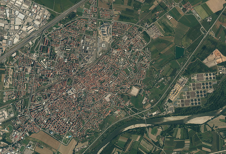 satellittbilder, liten by, gamlebyen, plan, oppsett