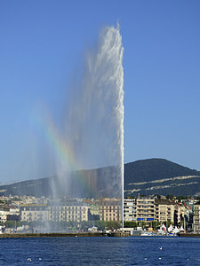 water jet, geneva, lake, rainbow, fountain, water