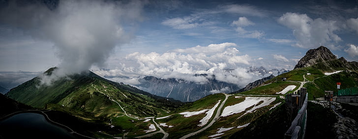 Hora, jezero, sníh, pěší turistika, Kleinwalsertal, Rakousko, mraky