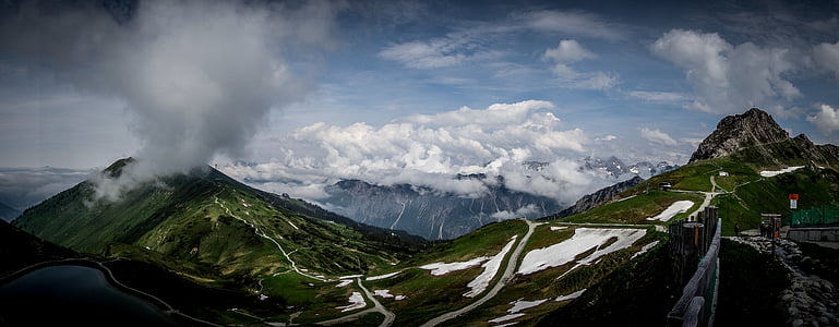mountain, lake, snow, hiking, kleinwalsertal, austria, clouds