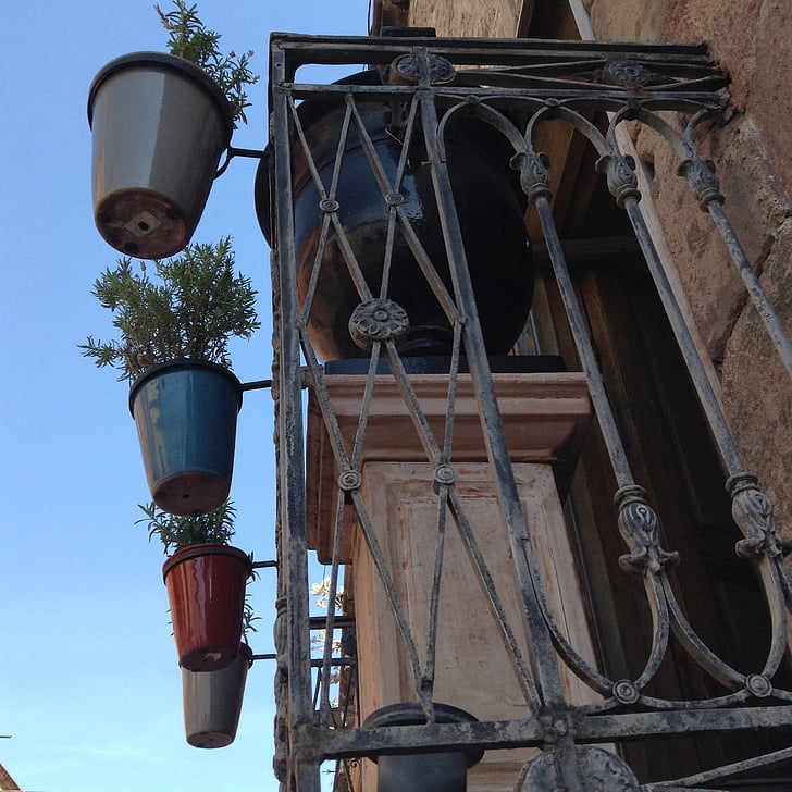 balcon, pots de, ville, architecture, vieux, lampe électrique