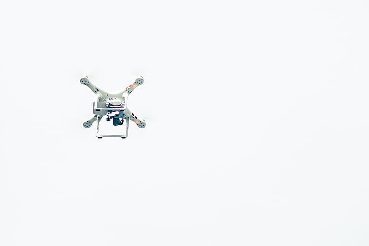 Quadcopter, drone, kamera, teknologi, flyve, medier udstyr, hvid baggrund