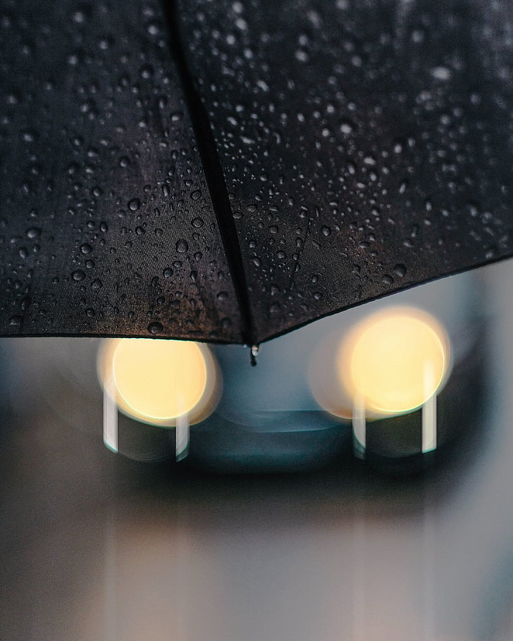 black, umbrella, water, drops, raining, outside, blur