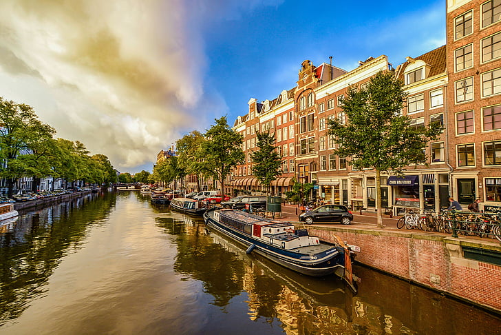 Амстердам, канал, буря, град, небе, Холандия, отражение