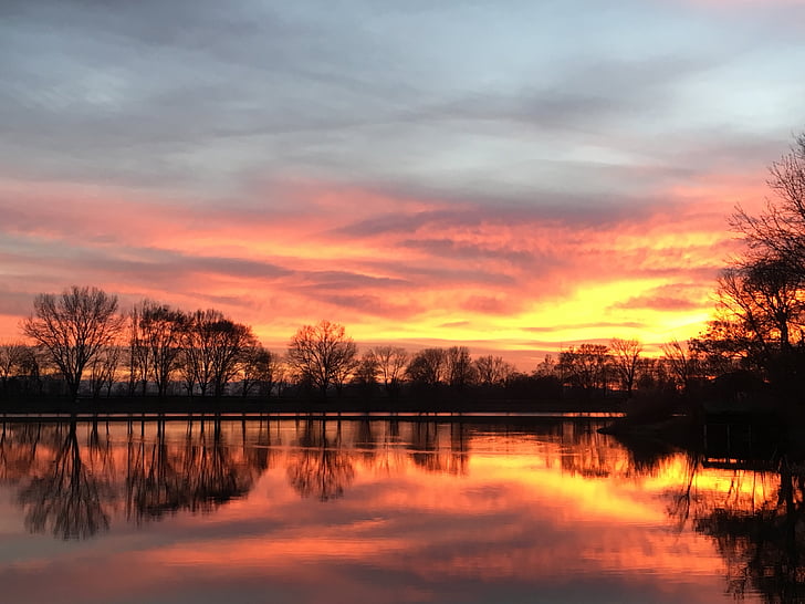 lake, sunset, nature