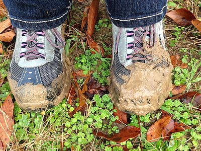 bùn, khởi động, giày dép, bàn chân, đi bộ đường dài, đất đai, hoạt động