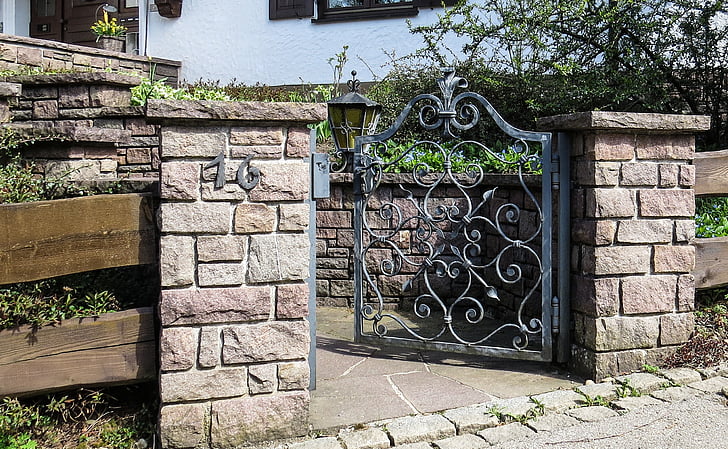 goal, garden gate, door, wrought iron, antique, old, nostalgia