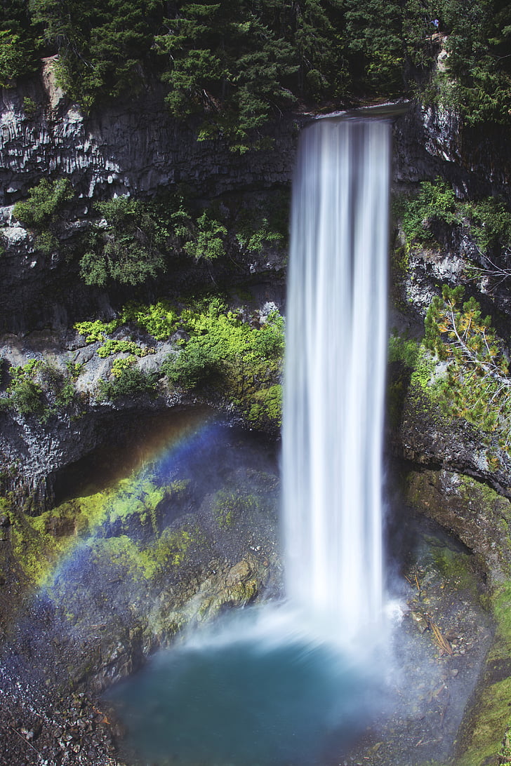 water, falls, gray, green, rock, mountain, rainbows