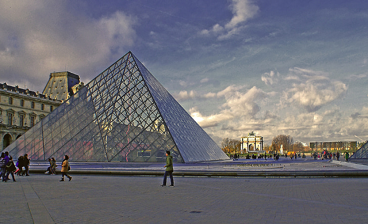 pyramid, the design of the, metal, glass, building, the background, louvre