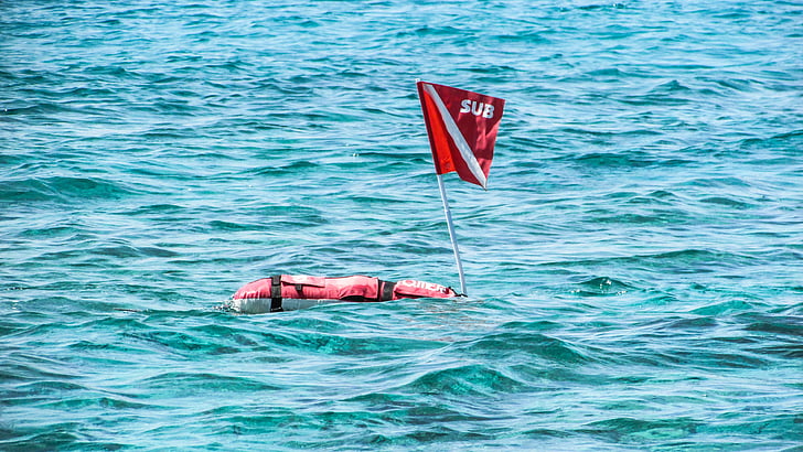bouée, drapeau, rouge, sécurité, matériel, plongée sous-marine