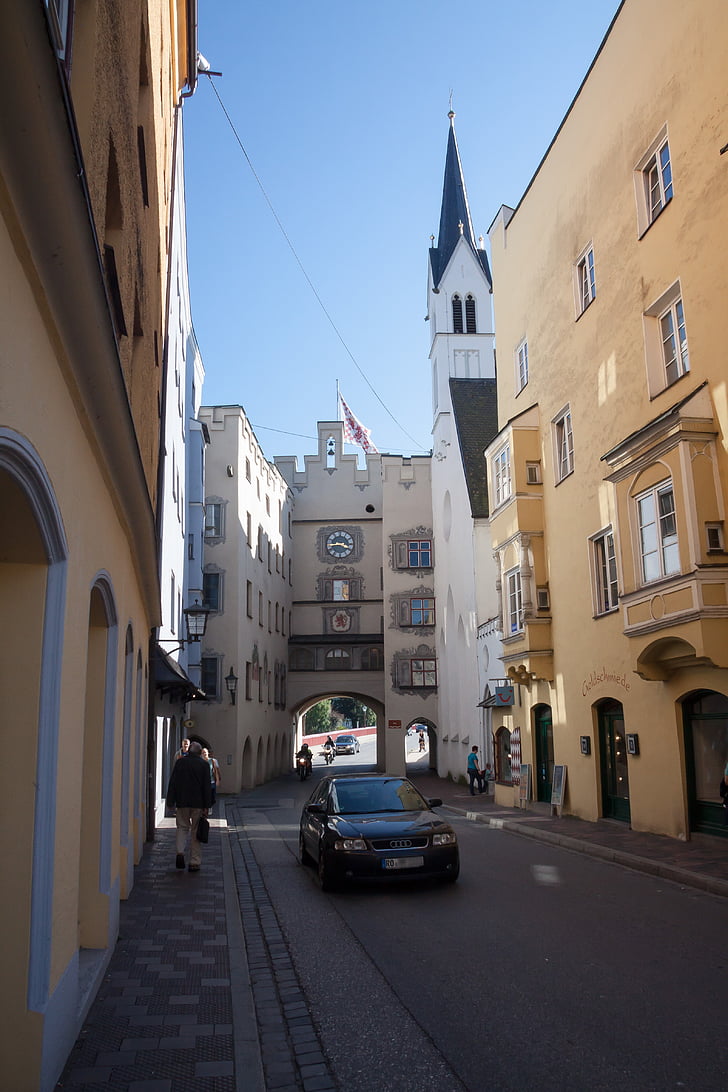 old town, wasserburg, city gate, clock tower, steeple, church, auto