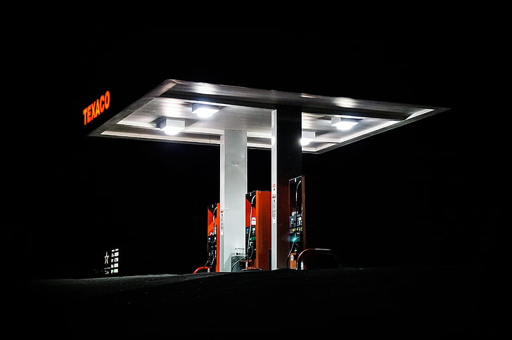 red, gray, texaco, gasoline, station, light, night