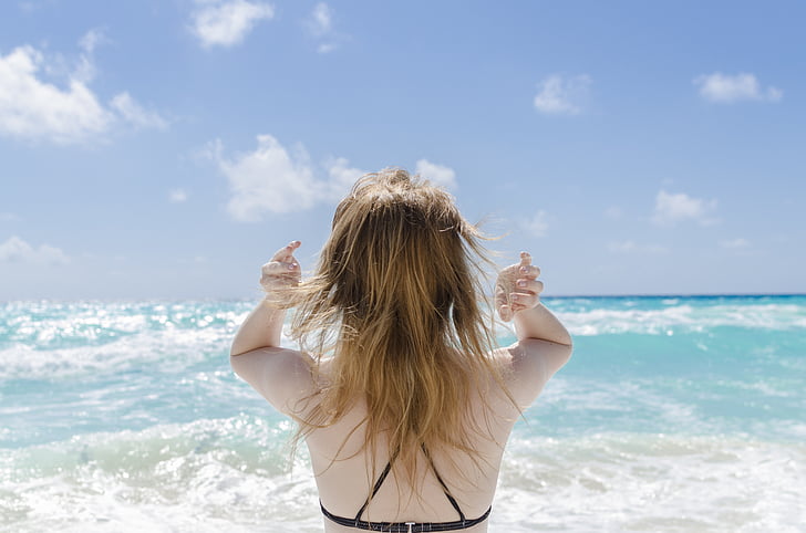 kvinna, Bikini, topp, Visa, stranden, dagtid, Ocean