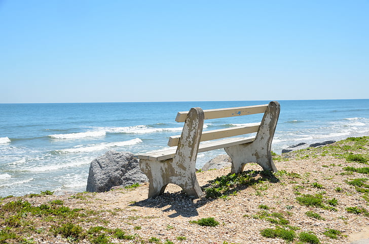 bench chair, overlook, beach, ocean, waves, water, sand
