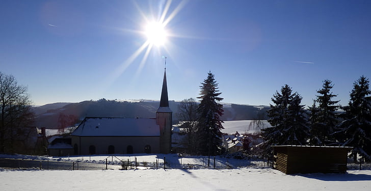 winter landscape, snow, white, nature, church, snowy, sun