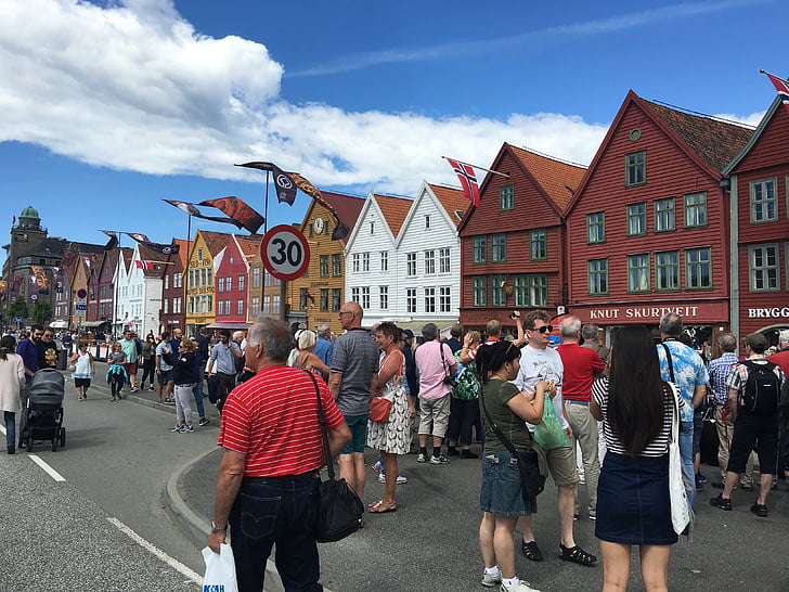 Bergen, marché, poisson, Norvège, gens, l’Europe, rue
