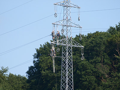strommast, men, power line, new mast, work