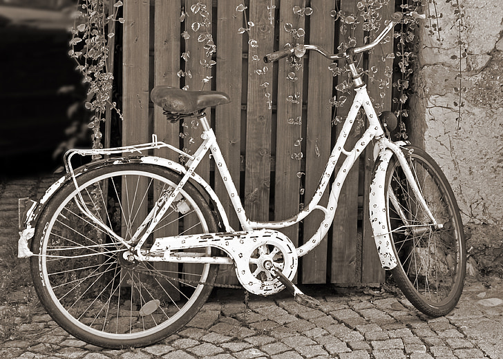 bicicleta, bicicleta de la senyora, vell, nostàlgics, mobles, roda, nostàlgia