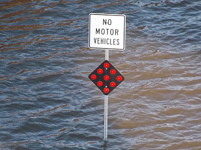 banjir, tanda, tidak ada kendaraan bermotor, bawah air