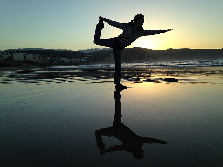 balanse, Yoga, stranden, slappe av, solnedgang, kvinner, folk