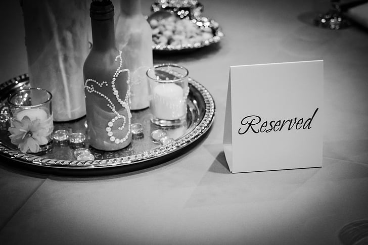 Segno riservato, decorazioni di nozze, tavolo, formale, impostazione di fai da te, matrimonio, bianco e nero