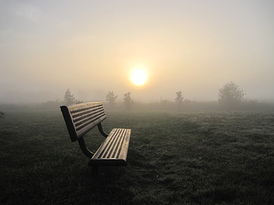 východ slunce, Dawn, mlha, Lavička v parku, klidný, mírové