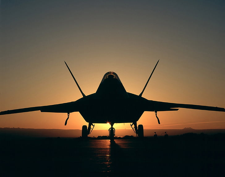 military aircraft silhouette, sunset, jet, airplane, aviation, ground, f-22