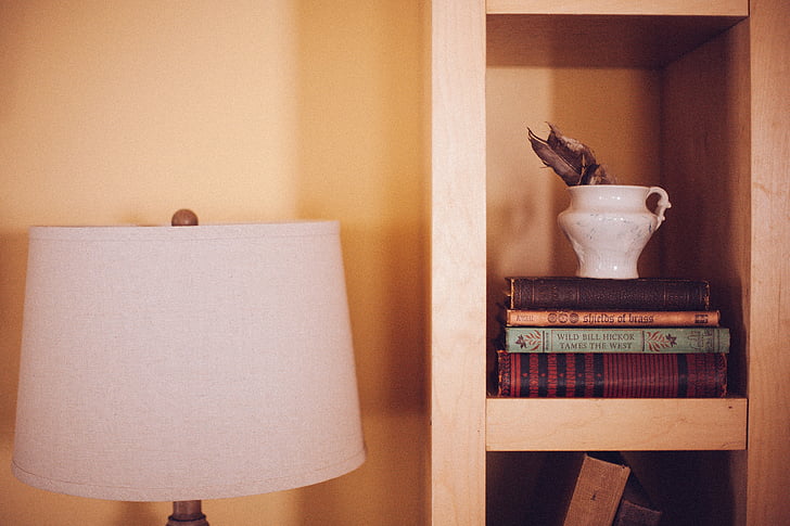 estante de livros, móveis, livros, lâmpada, decoração de interiores, design de interiores