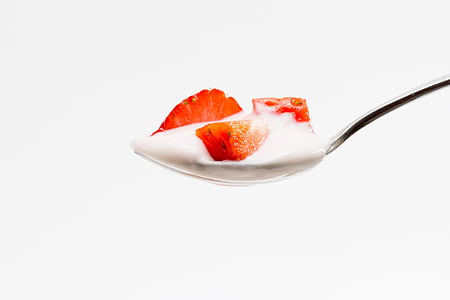spiseskefuld, yoghurt, jordbær, jordbær, sund, mad, lækker