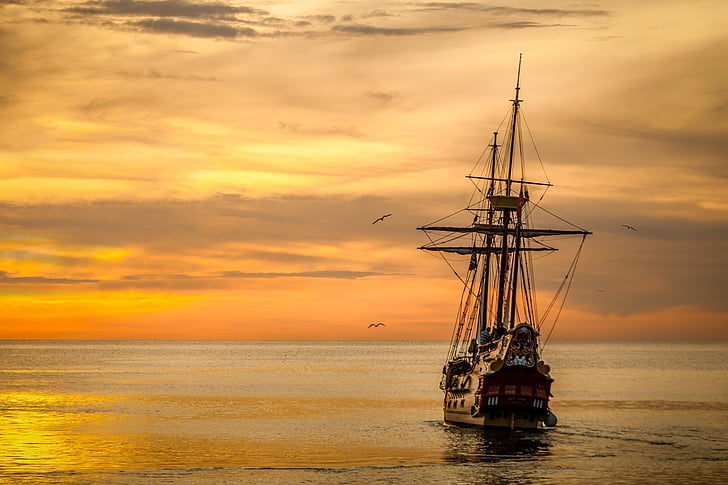 brun, pirat, segling, solen, ställa in, solnedgång, båt