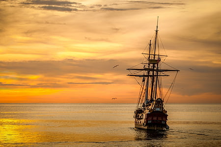 brown, pirate, sailing, sun, set, Sunset, Boat